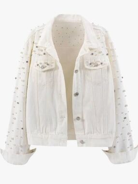 Amazon White Pearl & Crystal Embellished Denim Jacket